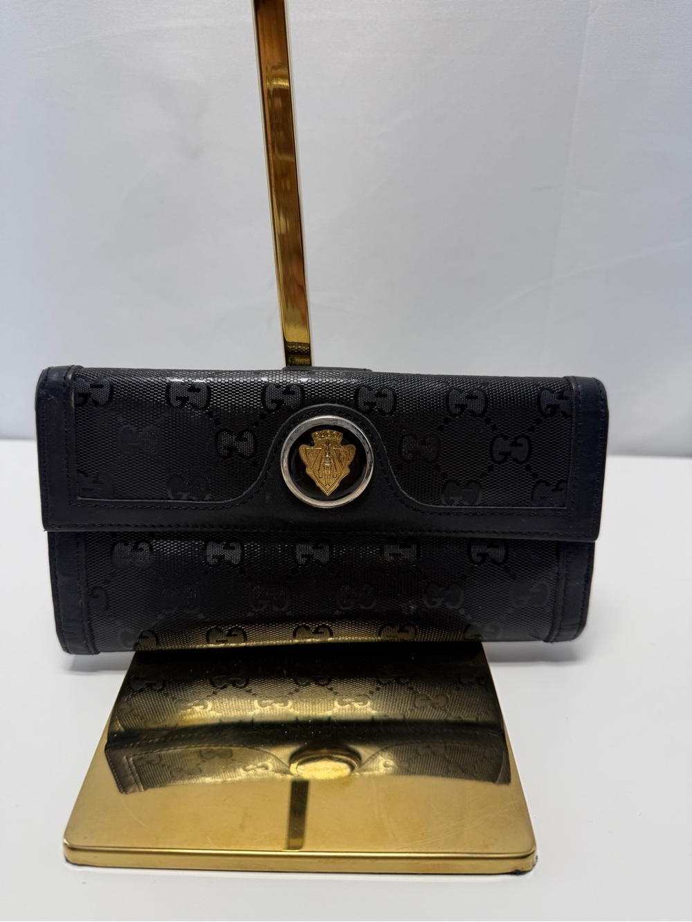 Gucci Black GG Monogram Continental Wallet with Gold Crest